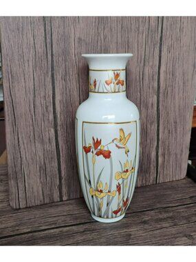 Chokin Art Japan Porcelain Vase 11" Hummingbird Iris Flower 1987 Chinoiserie